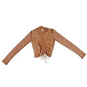 Self Esteem Womens Mushroom Print Ruched Sheer Mesh Long Sleeve Top Tan Small
